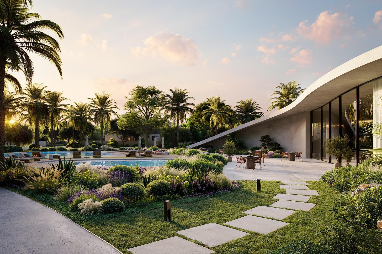 Aerial view of Fay Gardens at Fay Hills Masdar City showcasing luxury villas and lush green community layout.